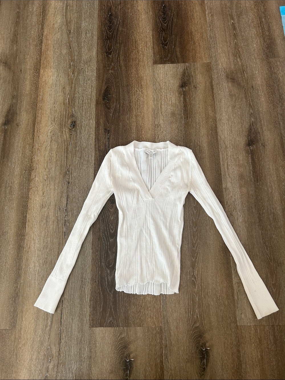Topshop Ribbed Long-Sleeve Wrap V-Neck Top in Off-White